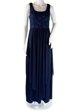 R&M Richards Navy Blue Lace Sequin Bodice Mesh Long Gown Maxi Dress Size 10